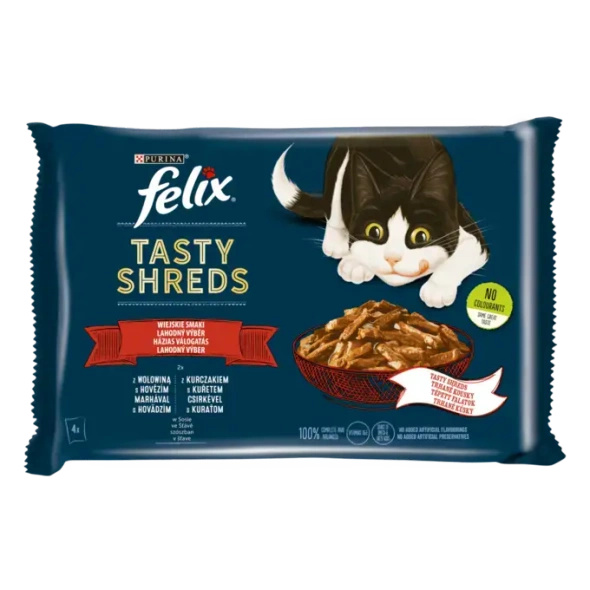 FELIX® Tasty Shreds – Wiejskie smaki z wołowiną i kurczakiem 4x85g