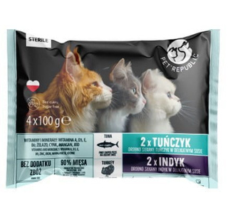 Pet Republic z tuńczykiem i indykiem w delikatnym  sosie dla kotów sterylizowanych 4x100g