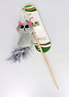 Yarro Wędka z pluszowym kotkiem i piórkami na gumce 35cm