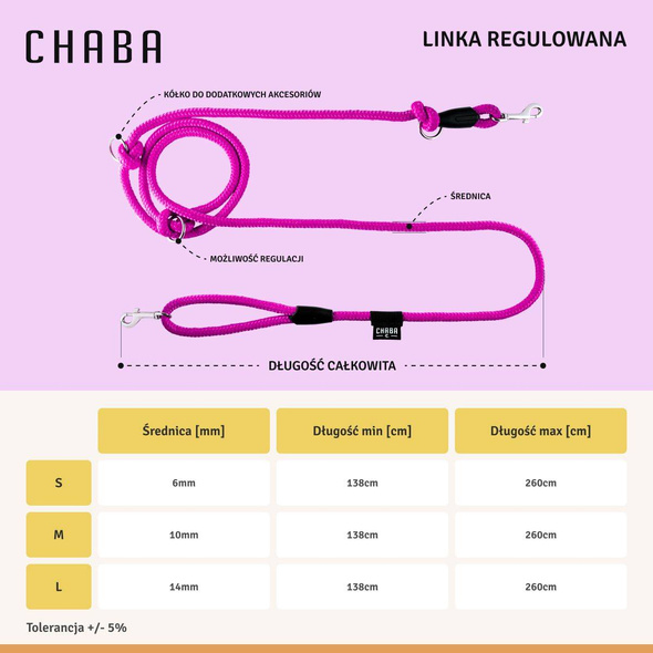 Chaba smycz linka regulowana S fuksja