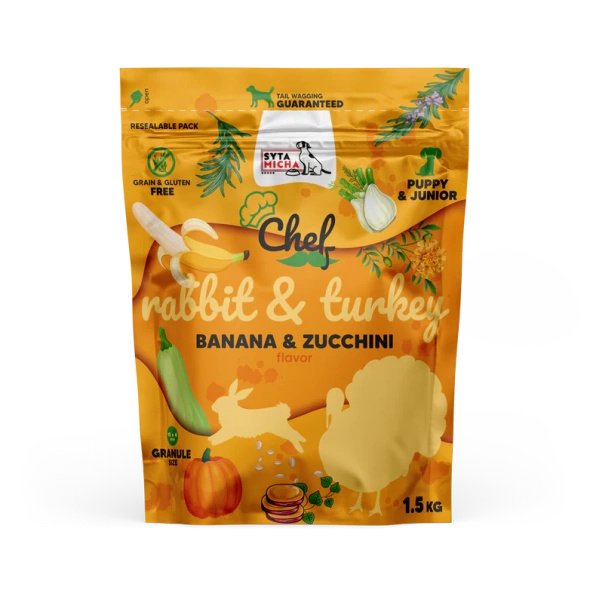 Syta Micha CHEF Puppy Królik i indyk, banan i cukinia 1.5kg 