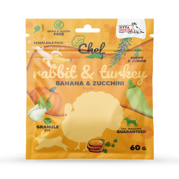 Próbka Syta Micha CHEF Puppy Królik i indyk, banan i cukinia 60g