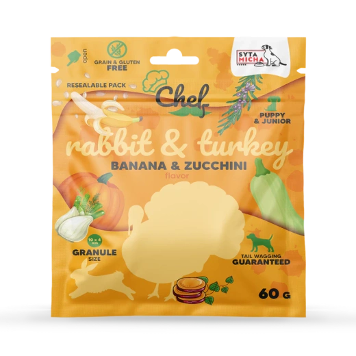 Próbka Syta Micha CHEF Puppy Królik i indyk, banan i cukinia 60g 