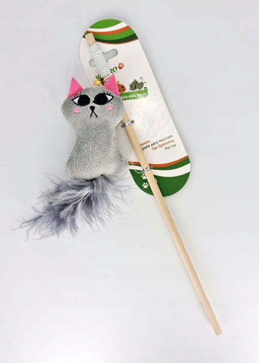 Yarro Wędka z pluszowym kotkiem i piórkami na gumce 35cm