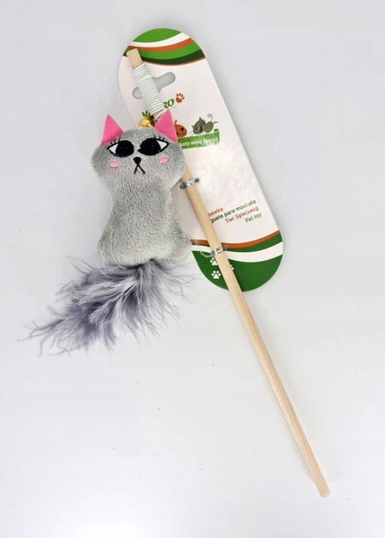 Yarro Wędka z pluszowym kotkiem i piórkami na gumce 35cm
